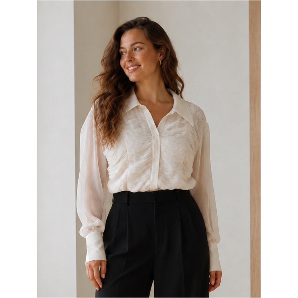 Cami NYC White Silk Ruched Sheer Back Blouse Quiet Luxury Minimalist Sz 12 L